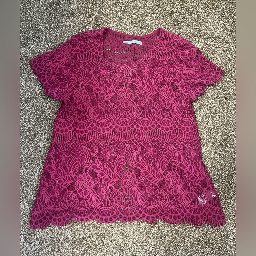 Size large, burgundy lace top with split in the back